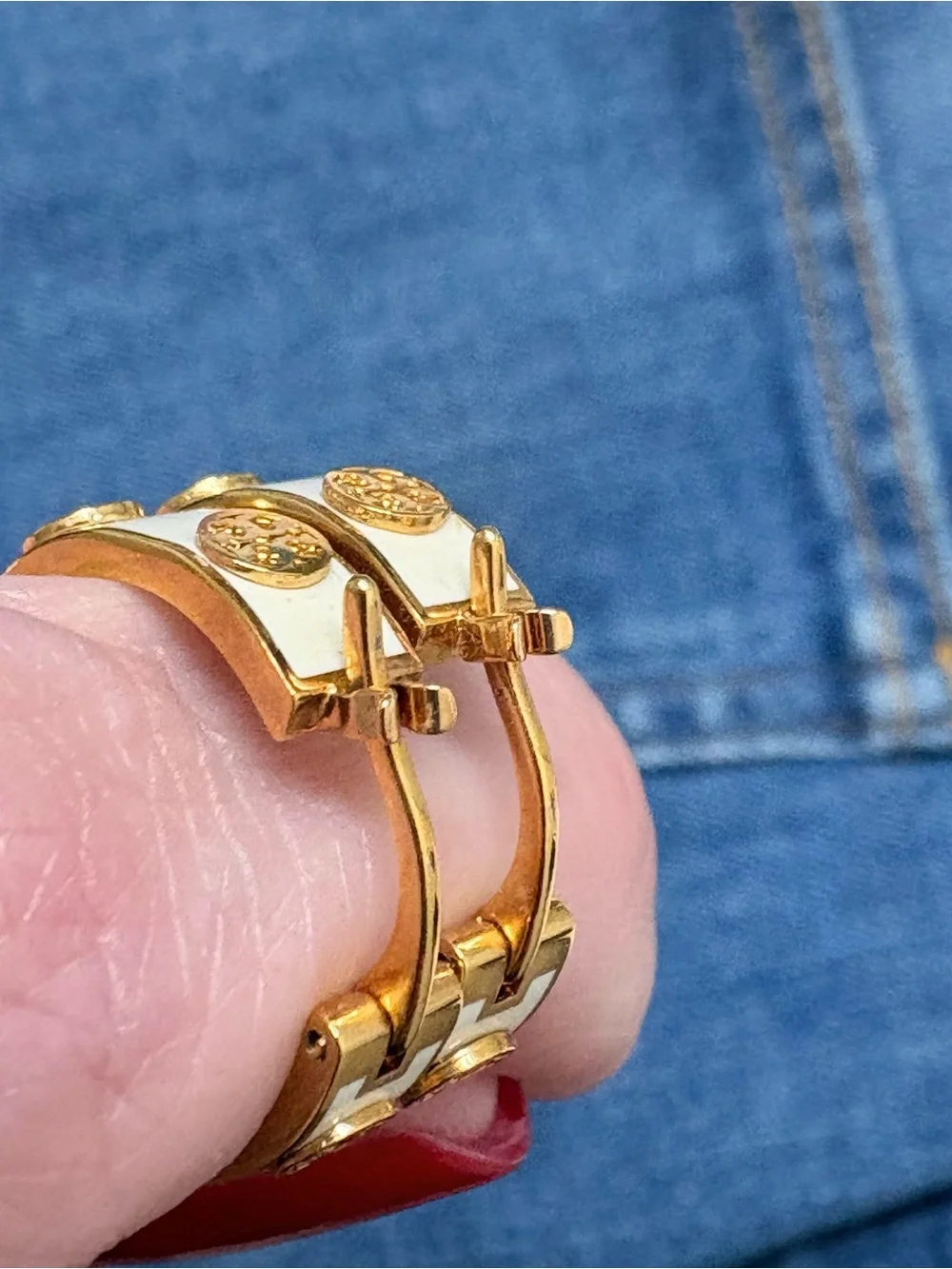 Tory Burch Gold and Ivory Huggie Earrings
